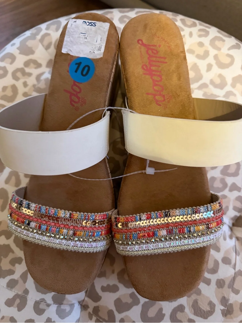 Jellypop Cream Slide Sandals with Multicolor Beaded Toe Strap